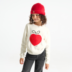 بلوفر منسوج بالغرز ومنمق برسومات باللون البني الفاتح للبنات